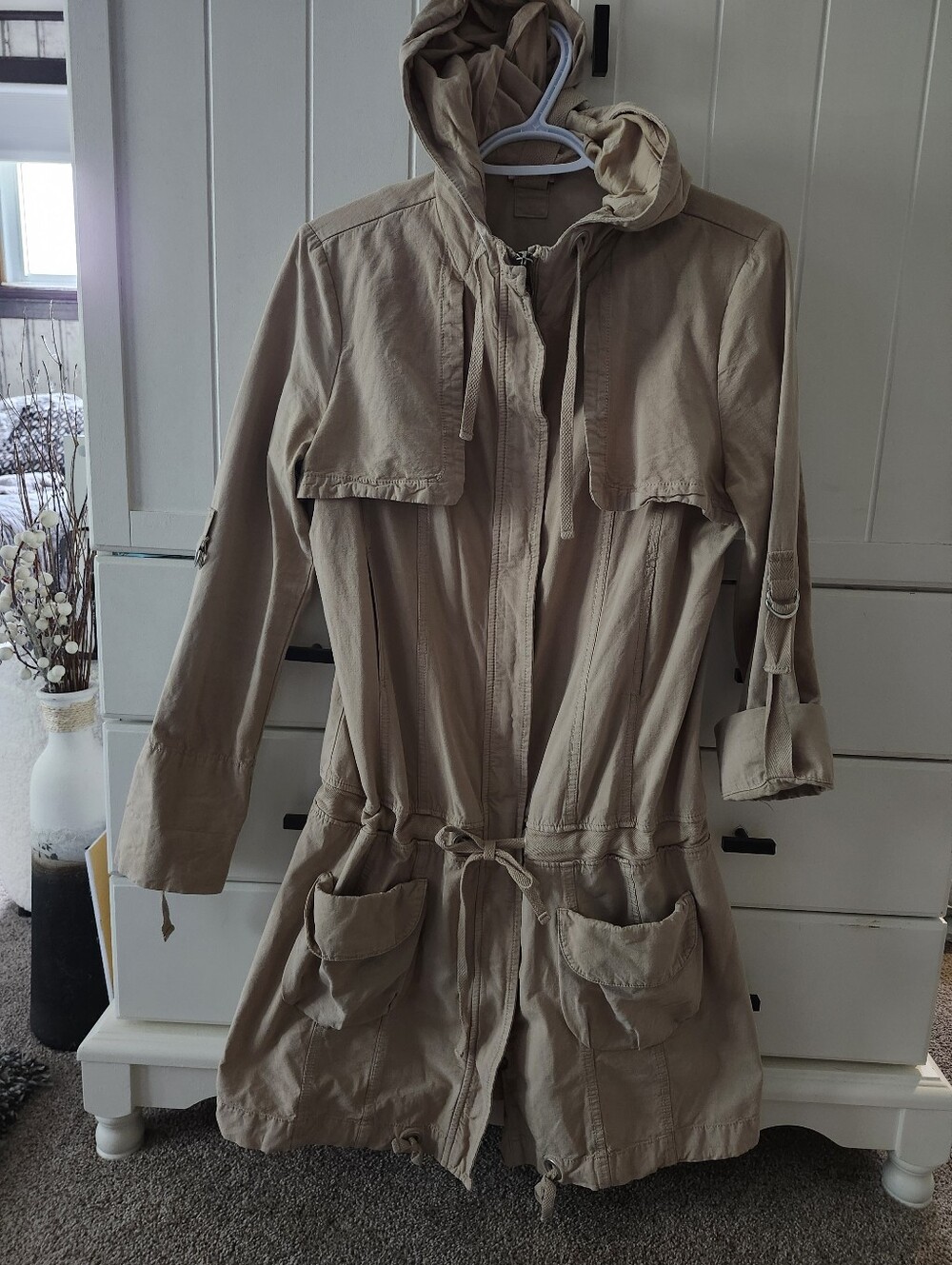 Women’s Lightweight Hooded Utility Jacket 100% Cotton With Pockets - Taupe 10